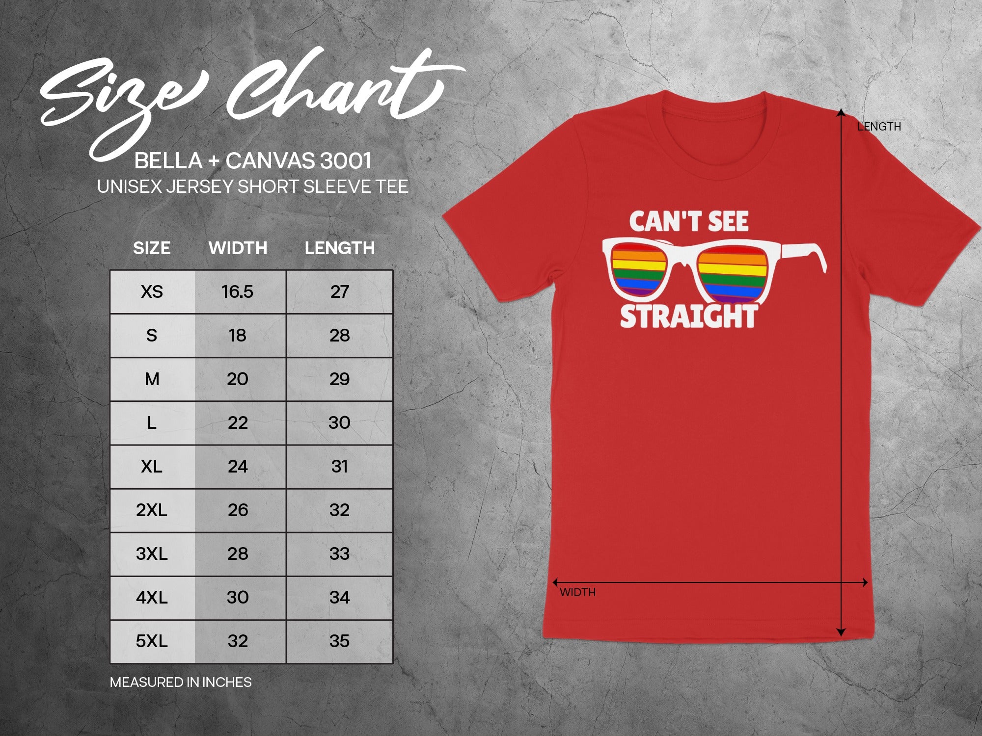 Red t-shirt with "Can't See Straight" and rainbow sunglasses graphic, alongside a size chart.