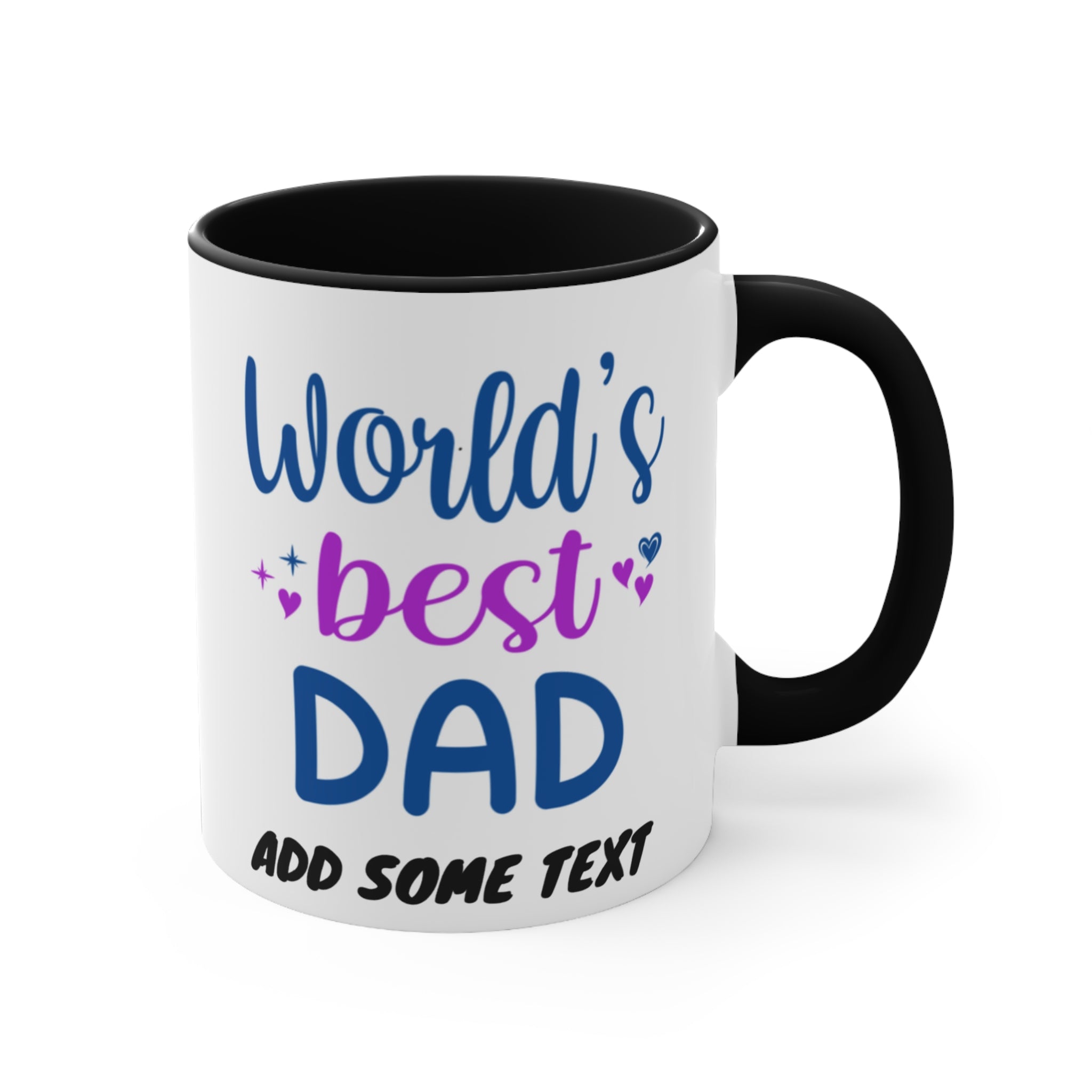 White mug with black interior, "World's best DAD" text, and customizable text area.