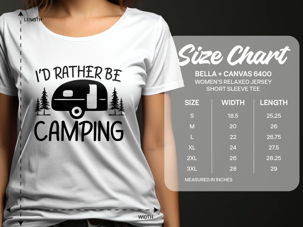 White t-shirt with "I'd Rather Be Camping" graphic and size chart.