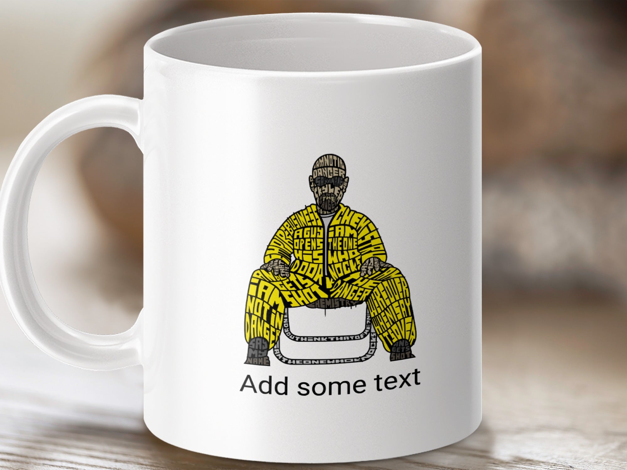 Mug with a man in a yellow jumpsuit seated, made of text.