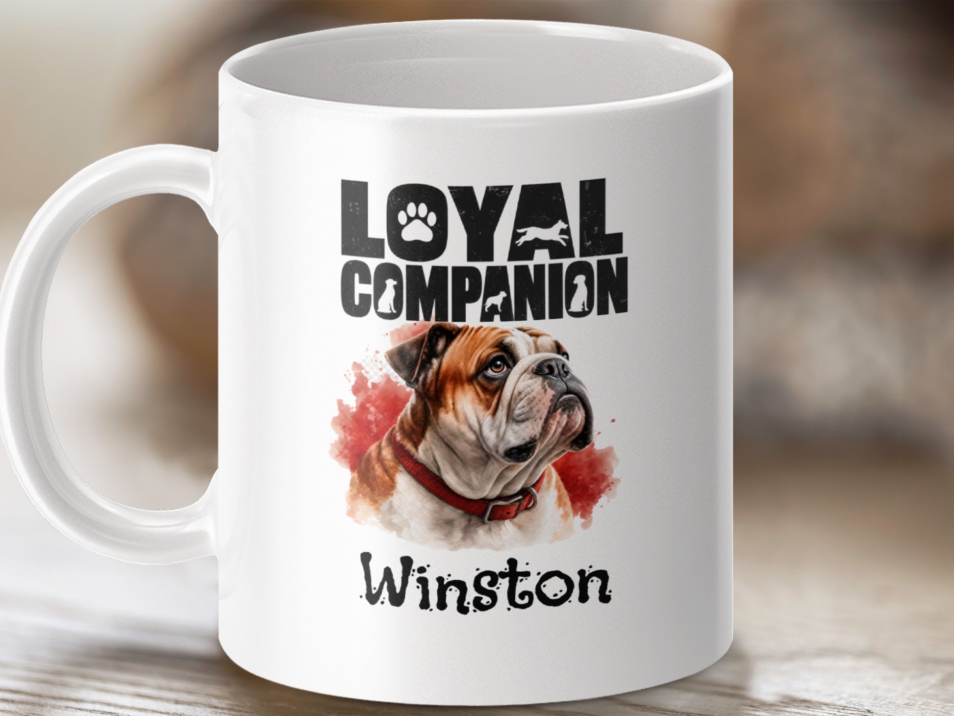 White mug with a bulldog portrait, "LOYAL COMPANION", and the name "Winston".