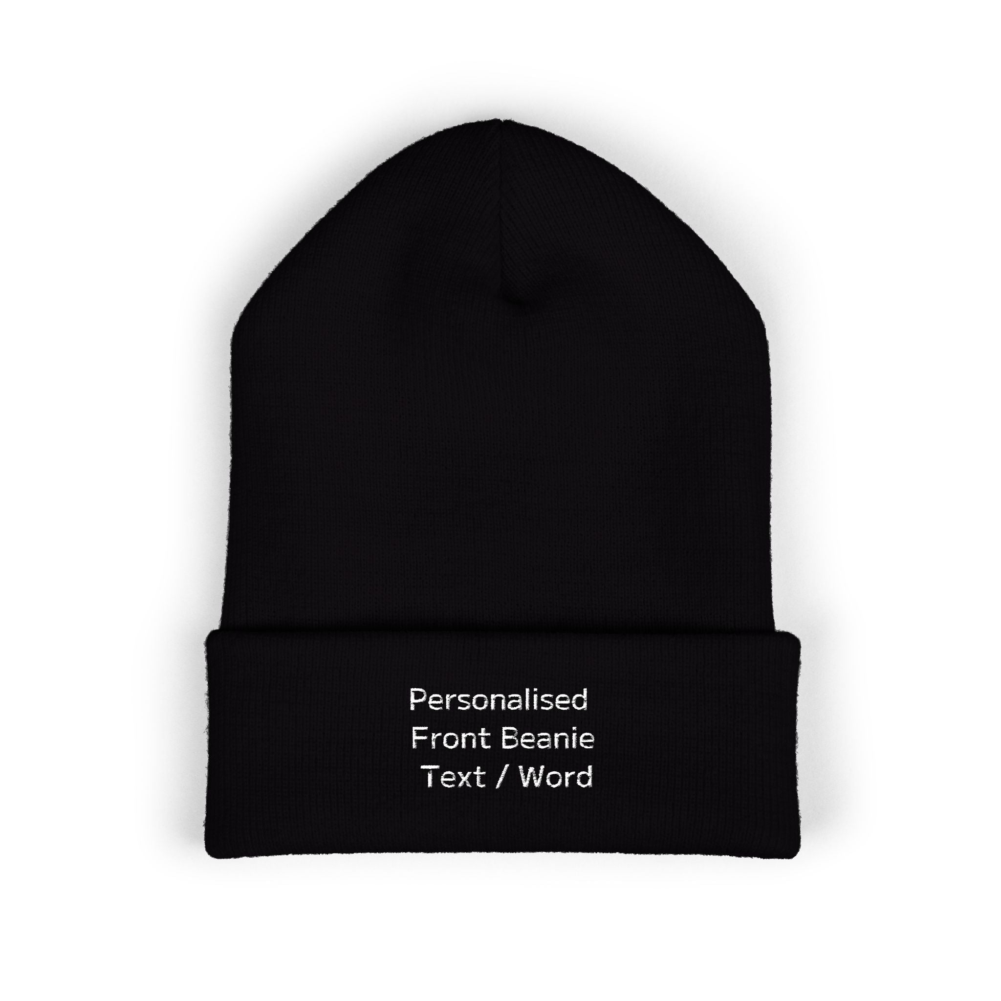 Black knitted beanie with white text: "Personalised Front Beanie Text / Word".