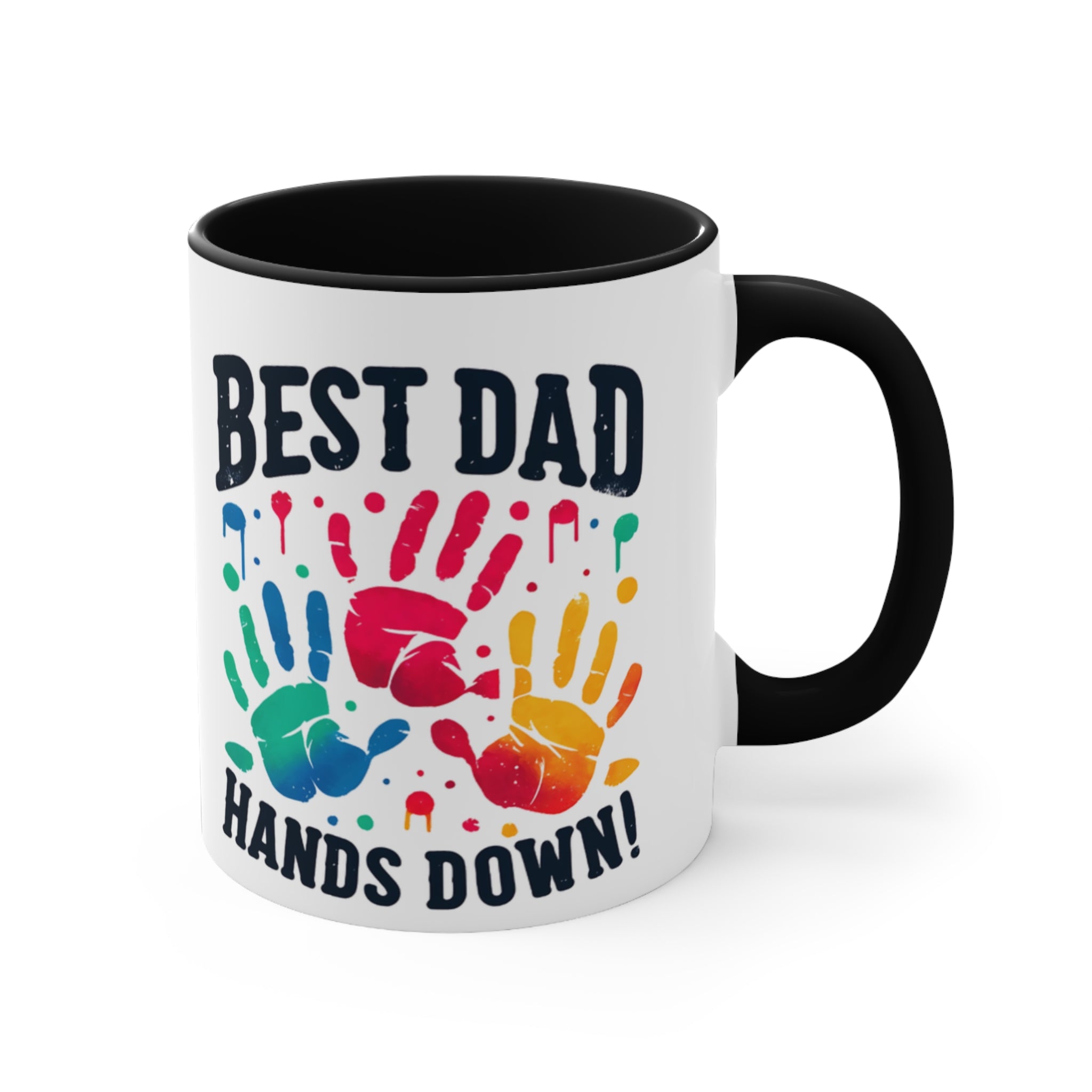 Mug with "BEST DAD HANDS DOWN!" text and colorful handprints.