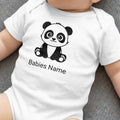 White baby onesie with a cartoon panda and "Babies Name" text.