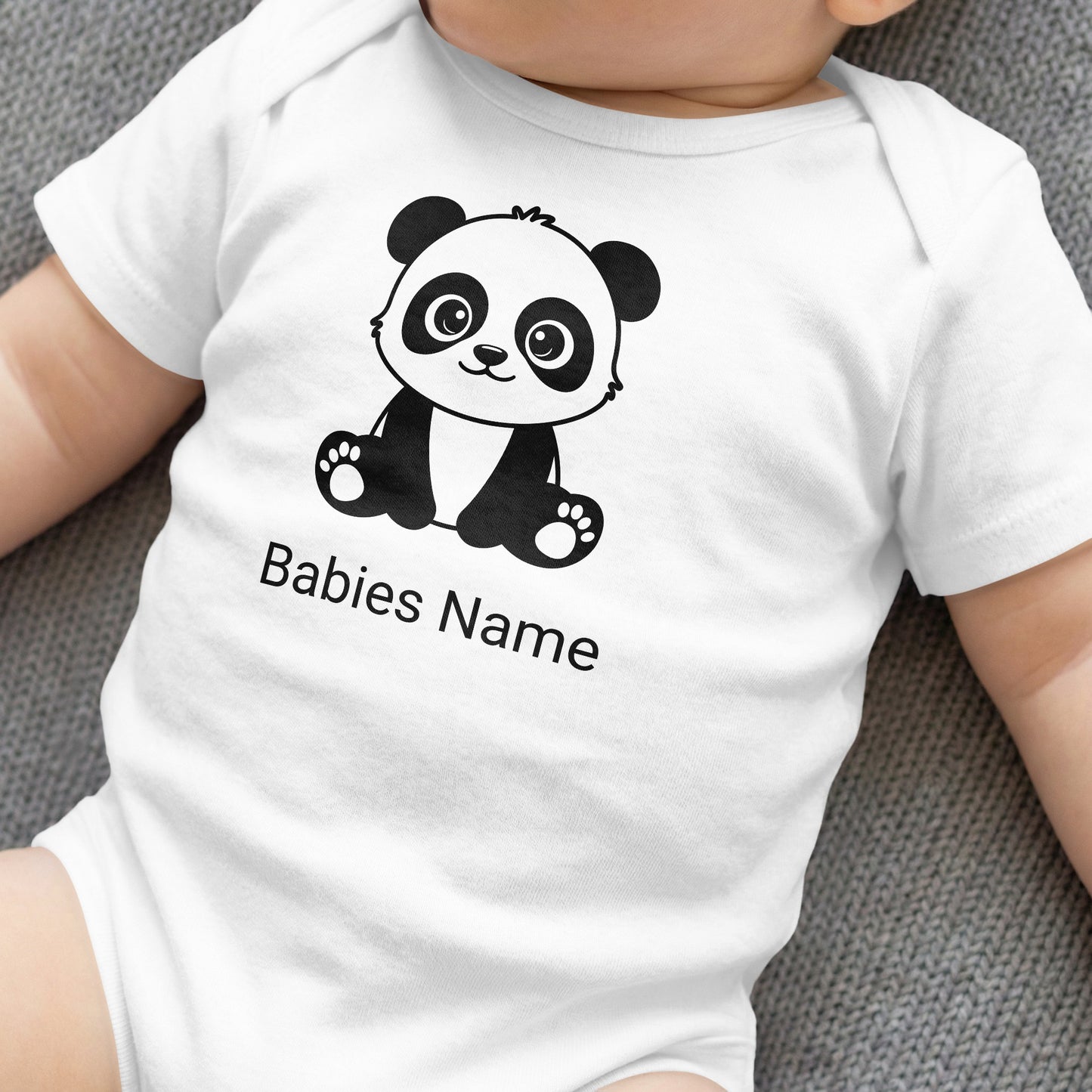 White baby onesie with a cartoon panda and "Babies Name" text.