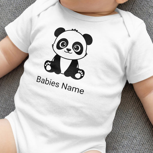 White baby onesie with a cartoon panda and "Babies Name" text.