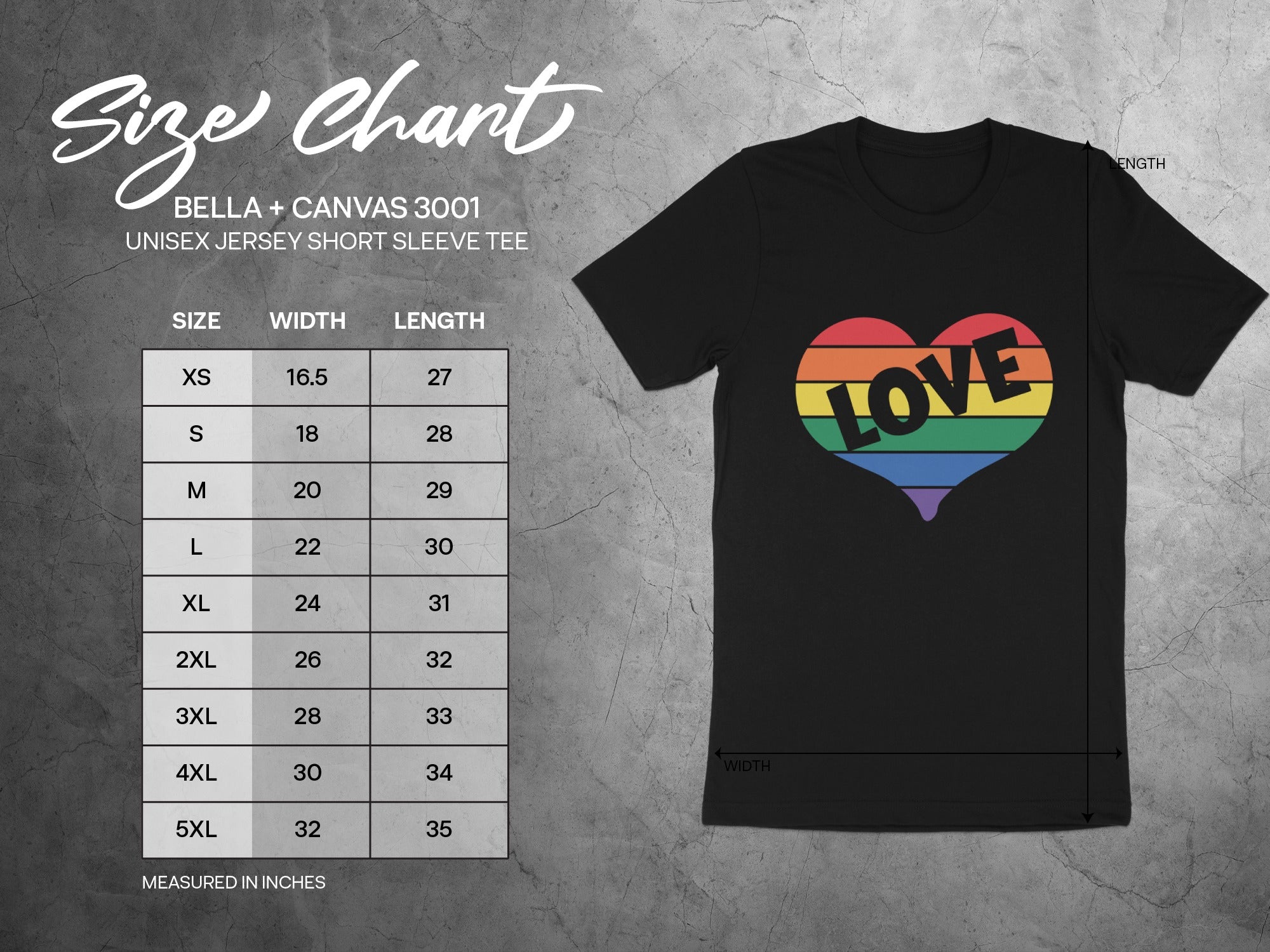 Black t-shirt with rainbow heart and "LOVE" graphic, with size chart.