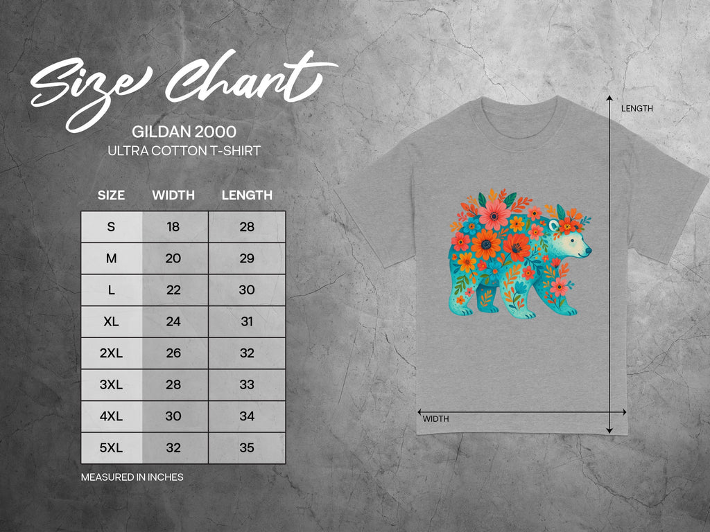 Gildan 2000 Ultra Cotton T-shirt size chart for men's sizes S-5XL.