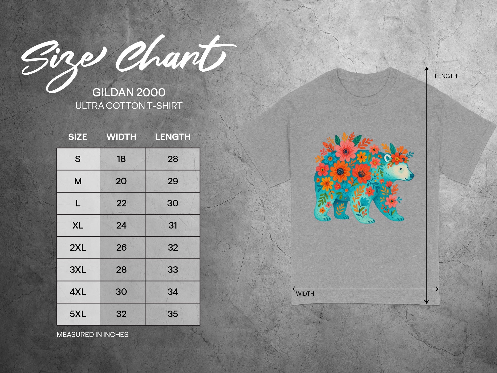 Gildan 2000 Ultra Cotton T-shirt size chart for men's sizes S-5XL.