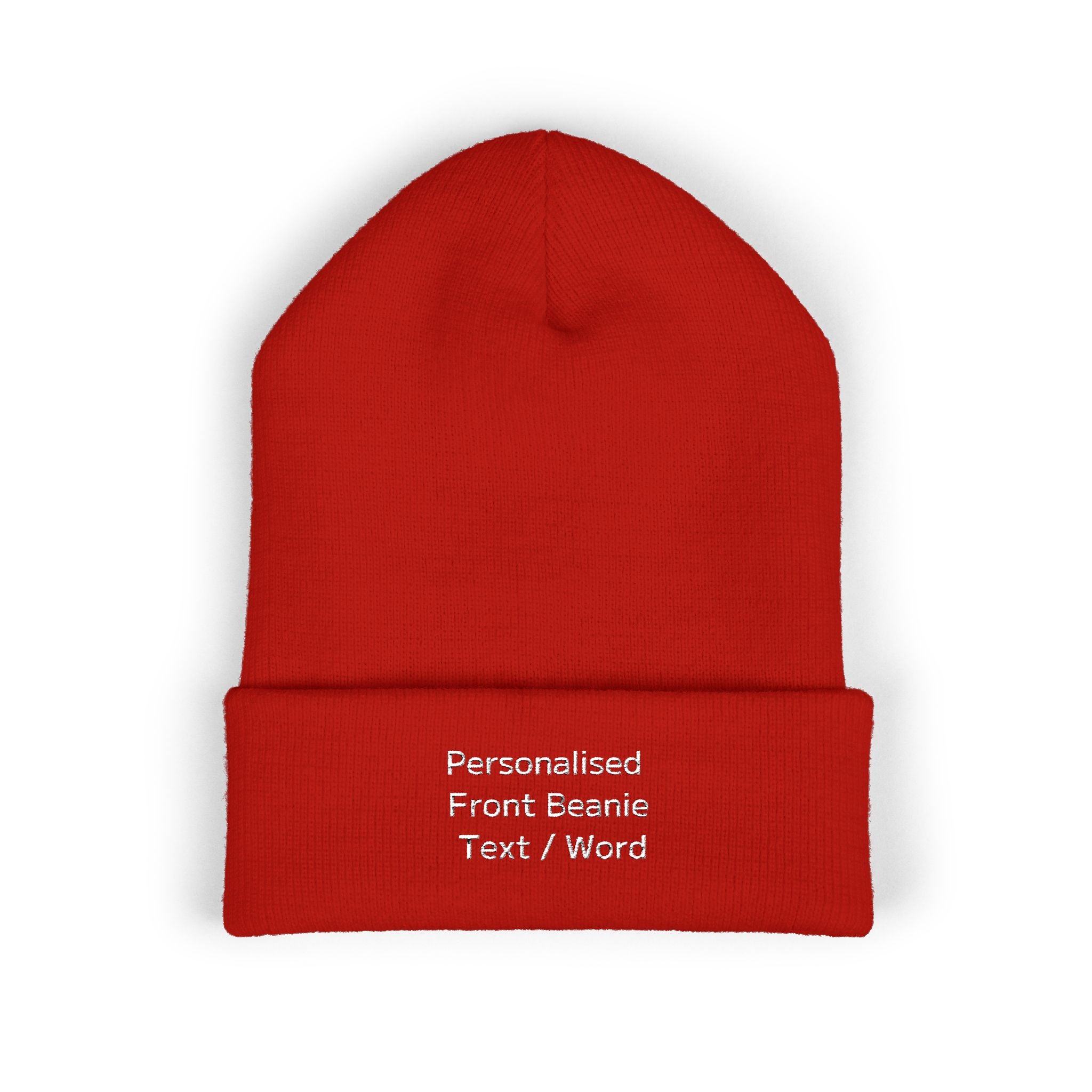 Red beanie with white text: Personalised Front Beanie Text / Word.