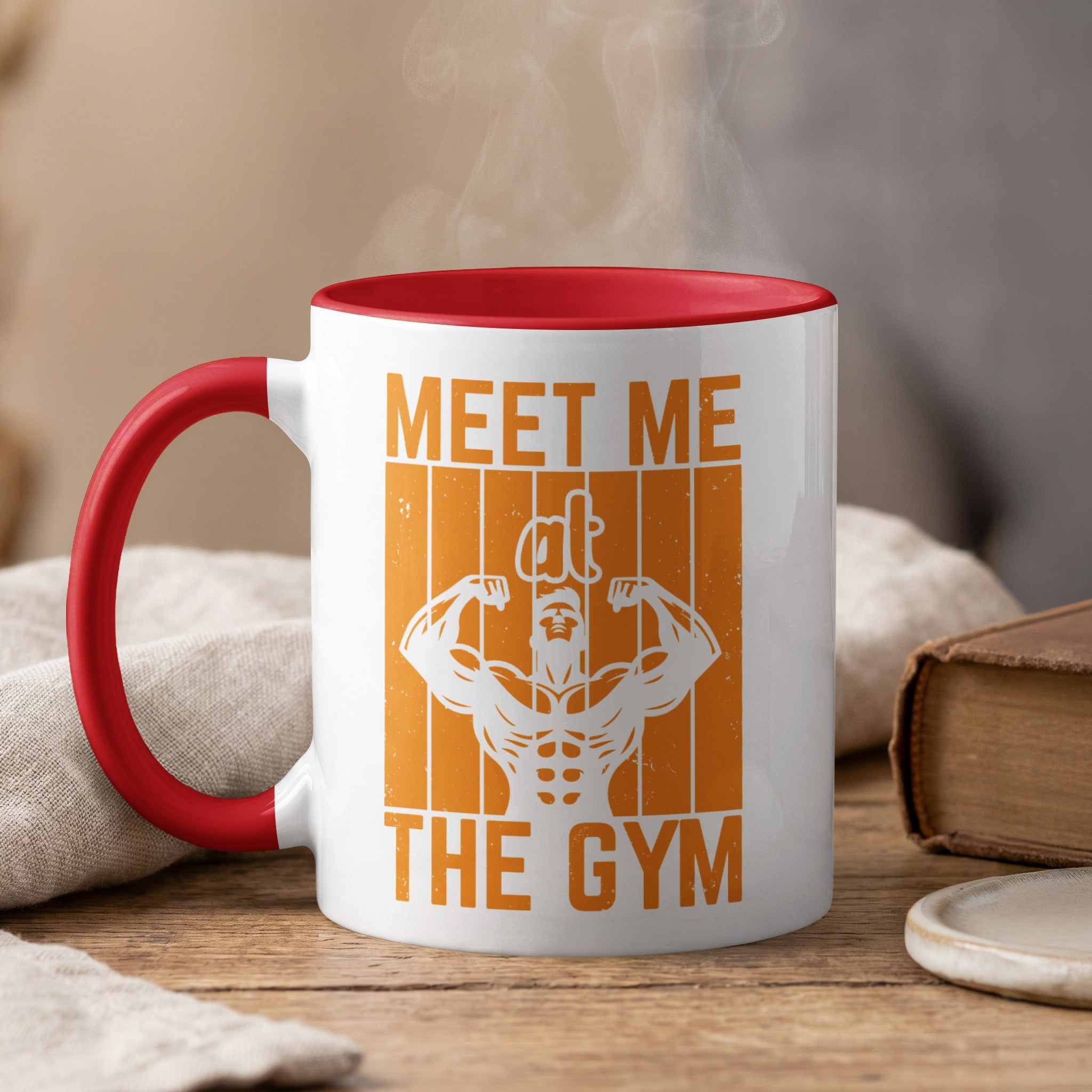 Mug with "MEET ME THE GYM" text and a muscular silhouette.