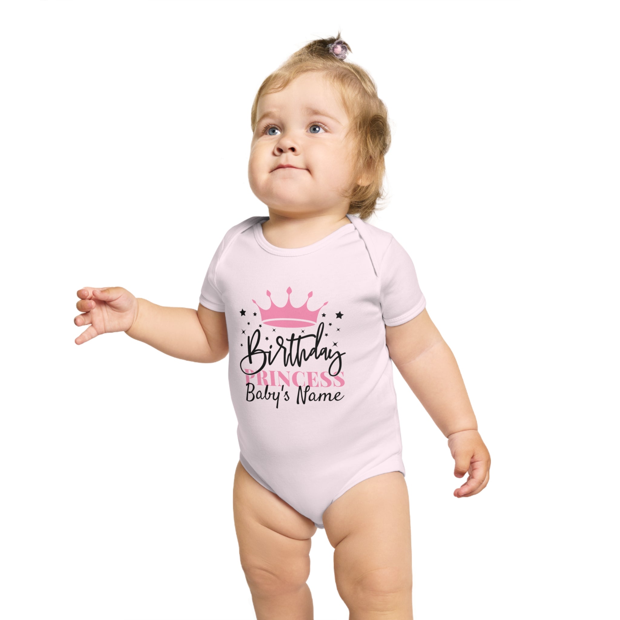 Baby wearing pink onesie with "Birthday Princess Baby's Name" text and crown.
