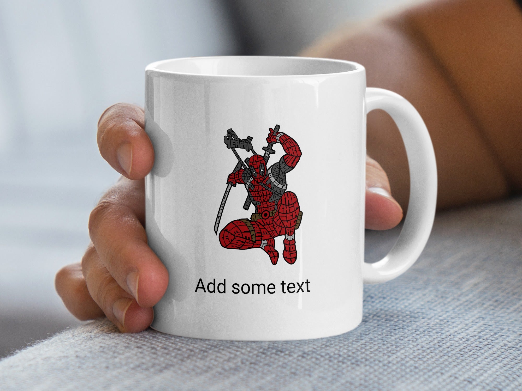 White mug with Deadpool illustration and customizable text area.