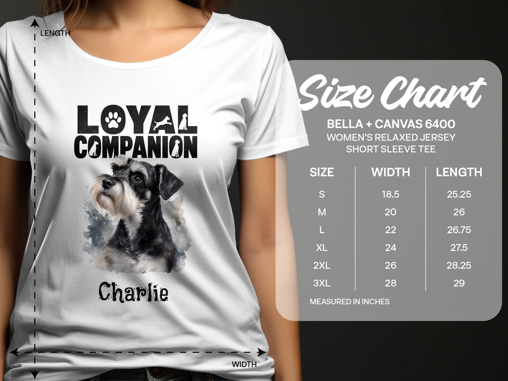 White t-shirt with "Loyal Companion" text and a schnauzer dog graphic. Includes size chart.