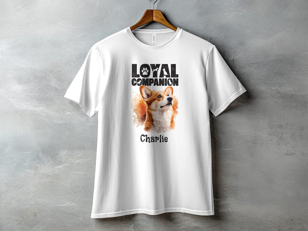 White t-shirt with "LOYAL COMPANION" text and Corgi, Charlie's portrait.