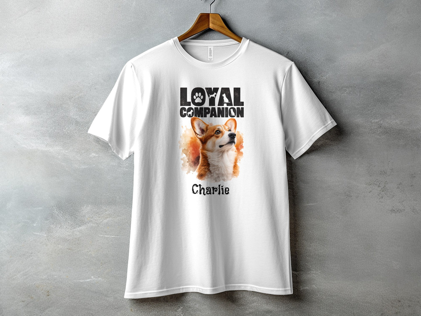 White t-shirt with "LOYAL COMPANION" text and Corgi, Charlie's portrait.