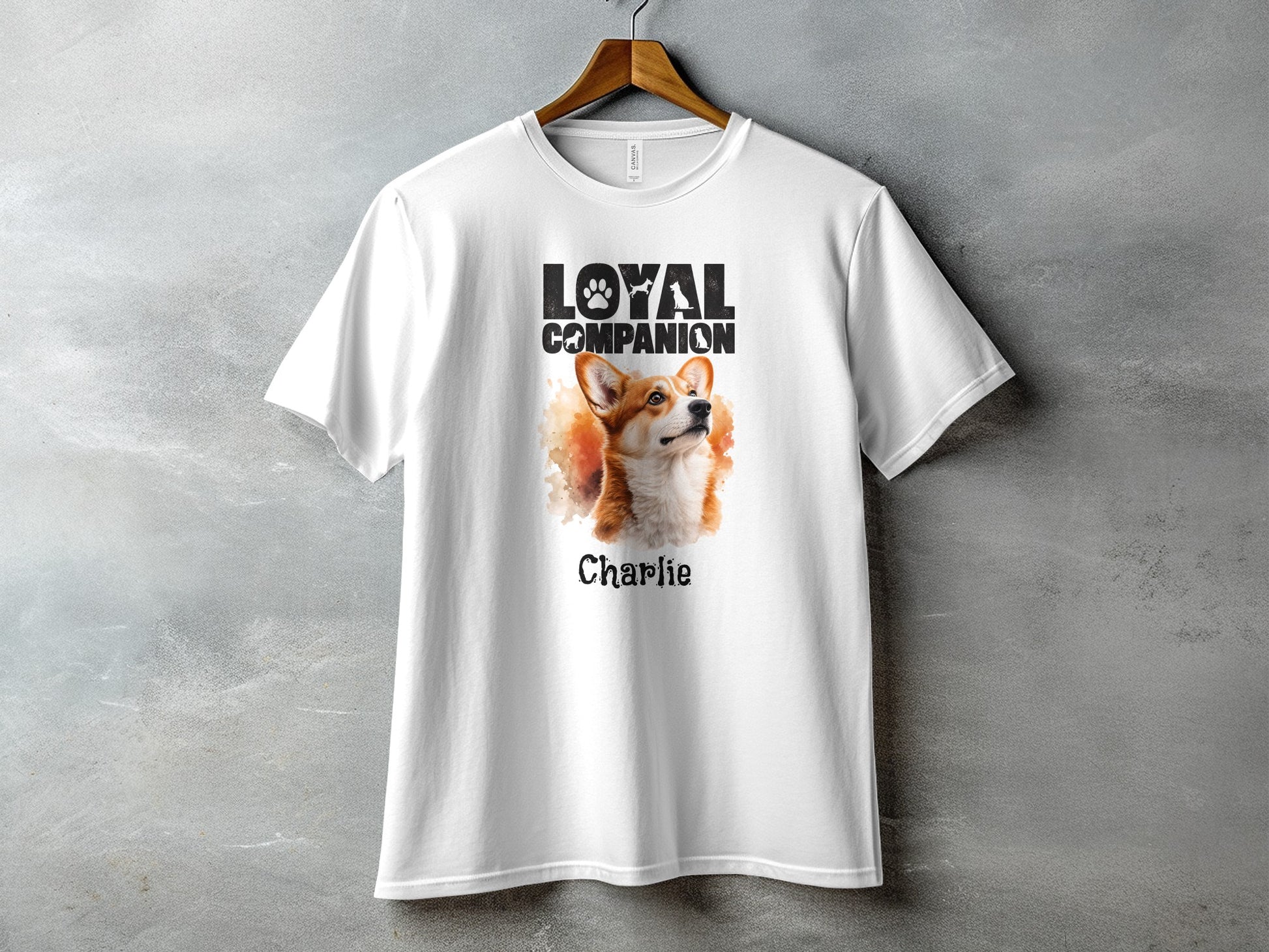 White t-shirt with "LOYAL COMPANION" text and Corgi, Charlie's portrait.