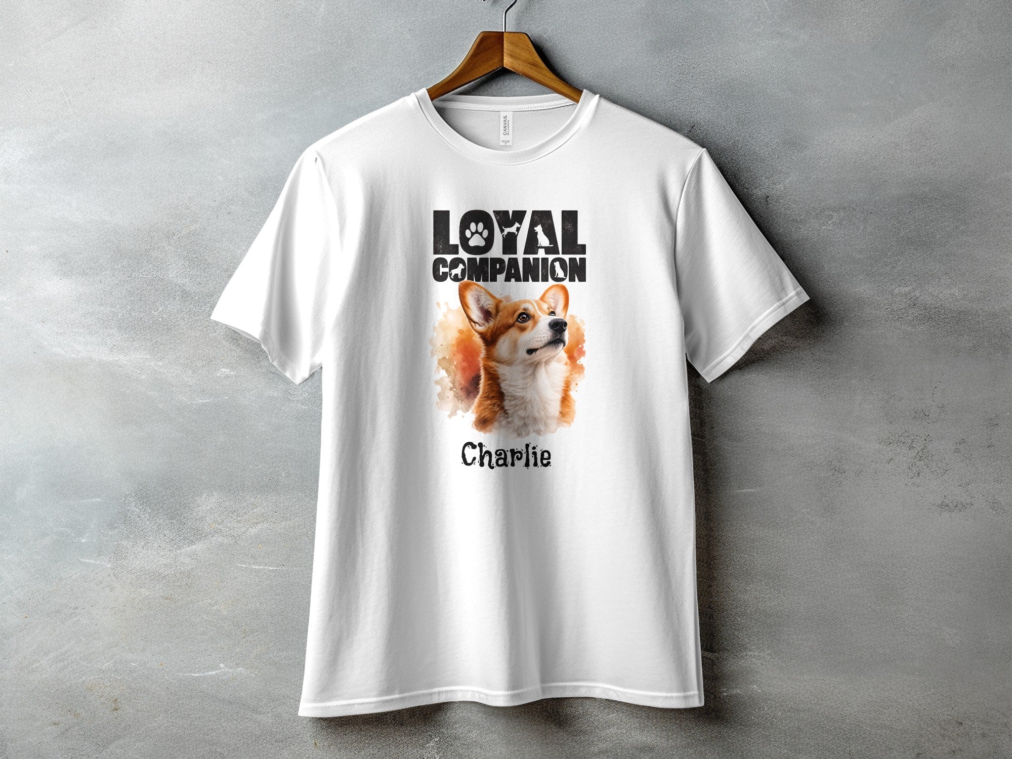 White t-shirt with "LOYAL COMPANION" text and Corgi, Charlie's portrait.