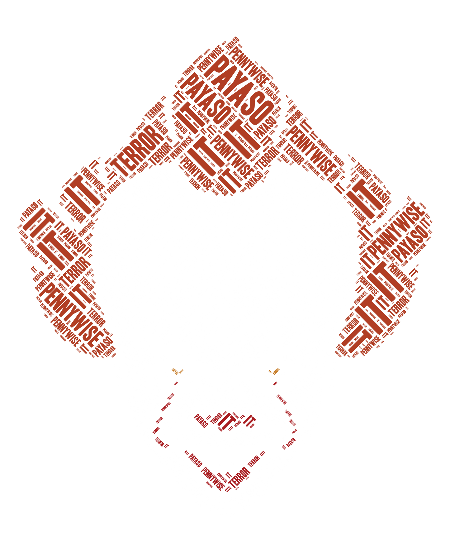 Pennywise, terror, and payaso word art forming a clown shape with a mirrored bottom.