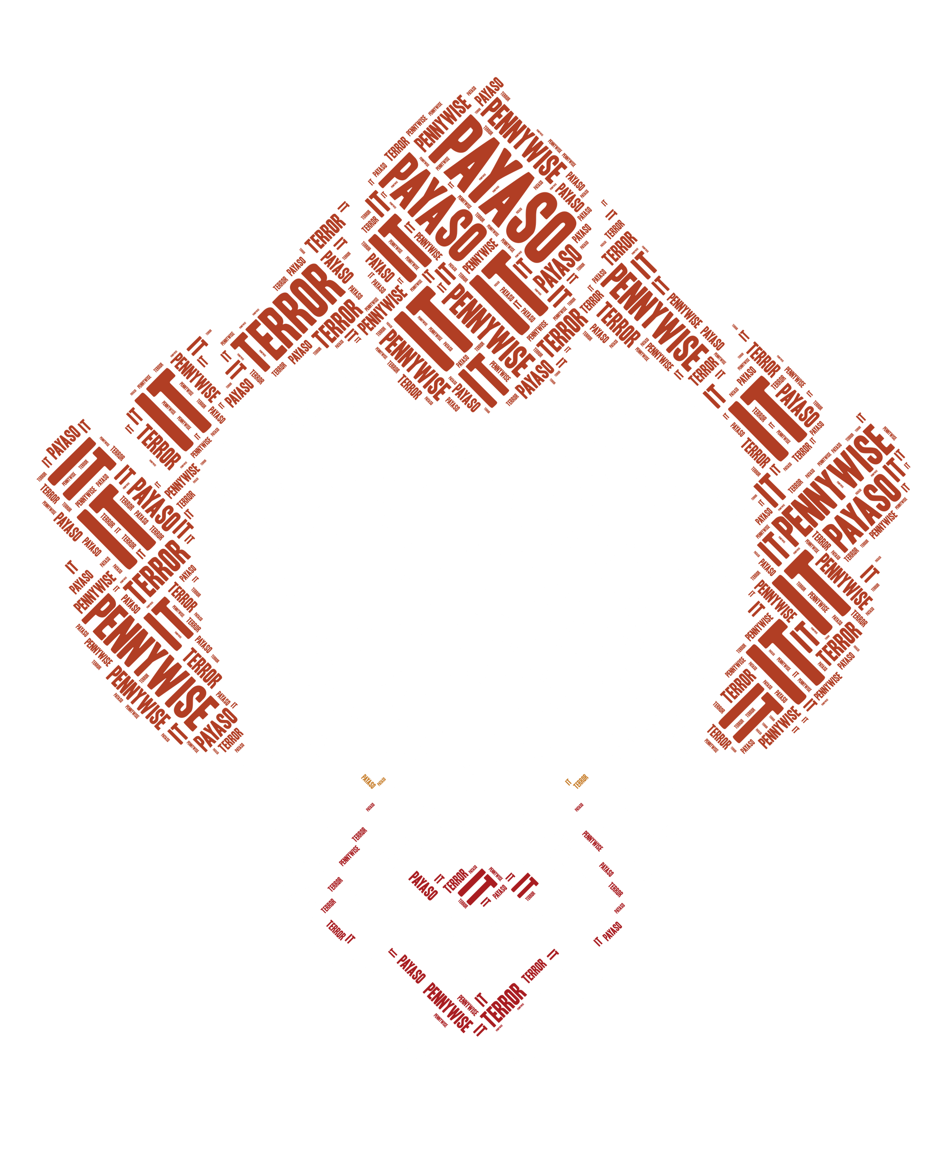 Pennywise, terror, and payaso word art forming a clown shape with a mirrored bottom.