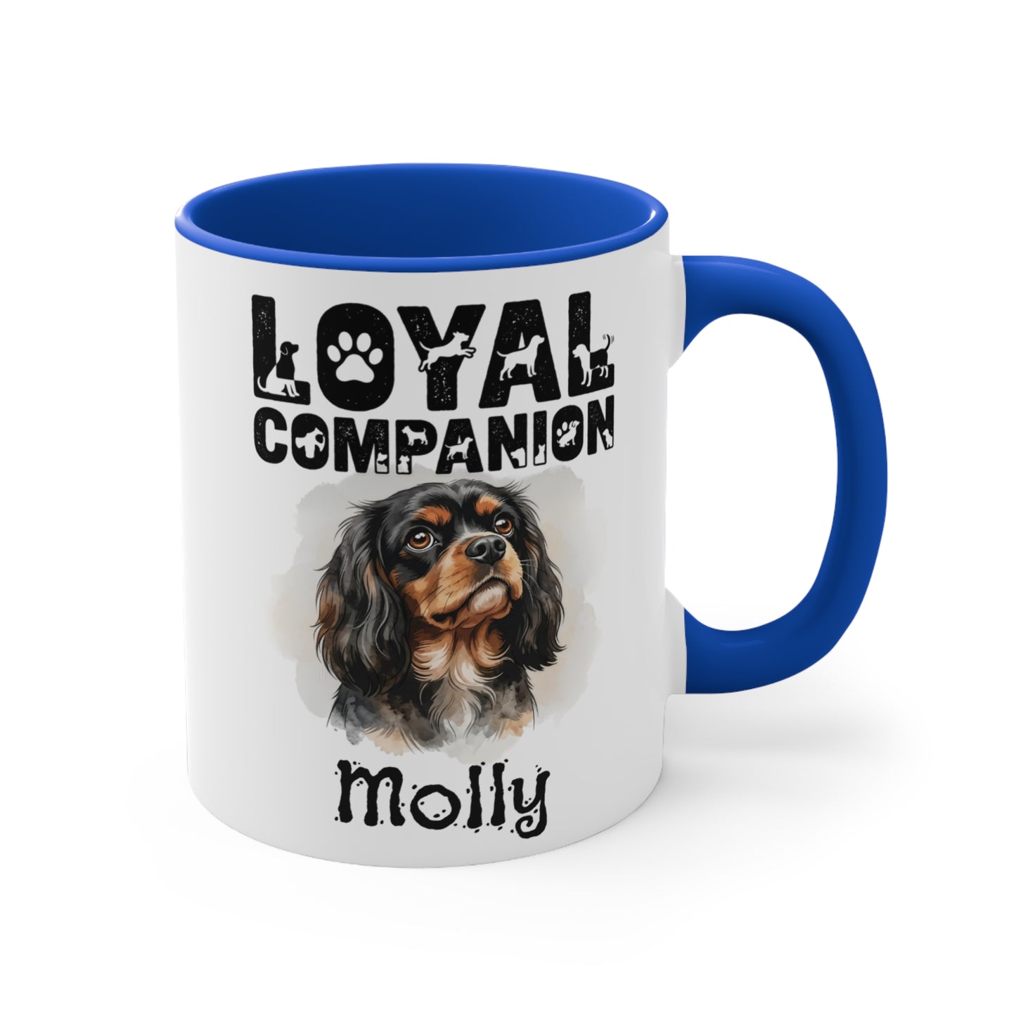 Mug with dog portrait, text "Loyal Companion" and dog silhouettes.