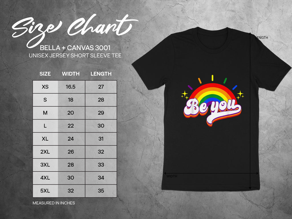 Bella + Canvas 3001 size chart for unisex jersey short sleeve tee, measured in inches.