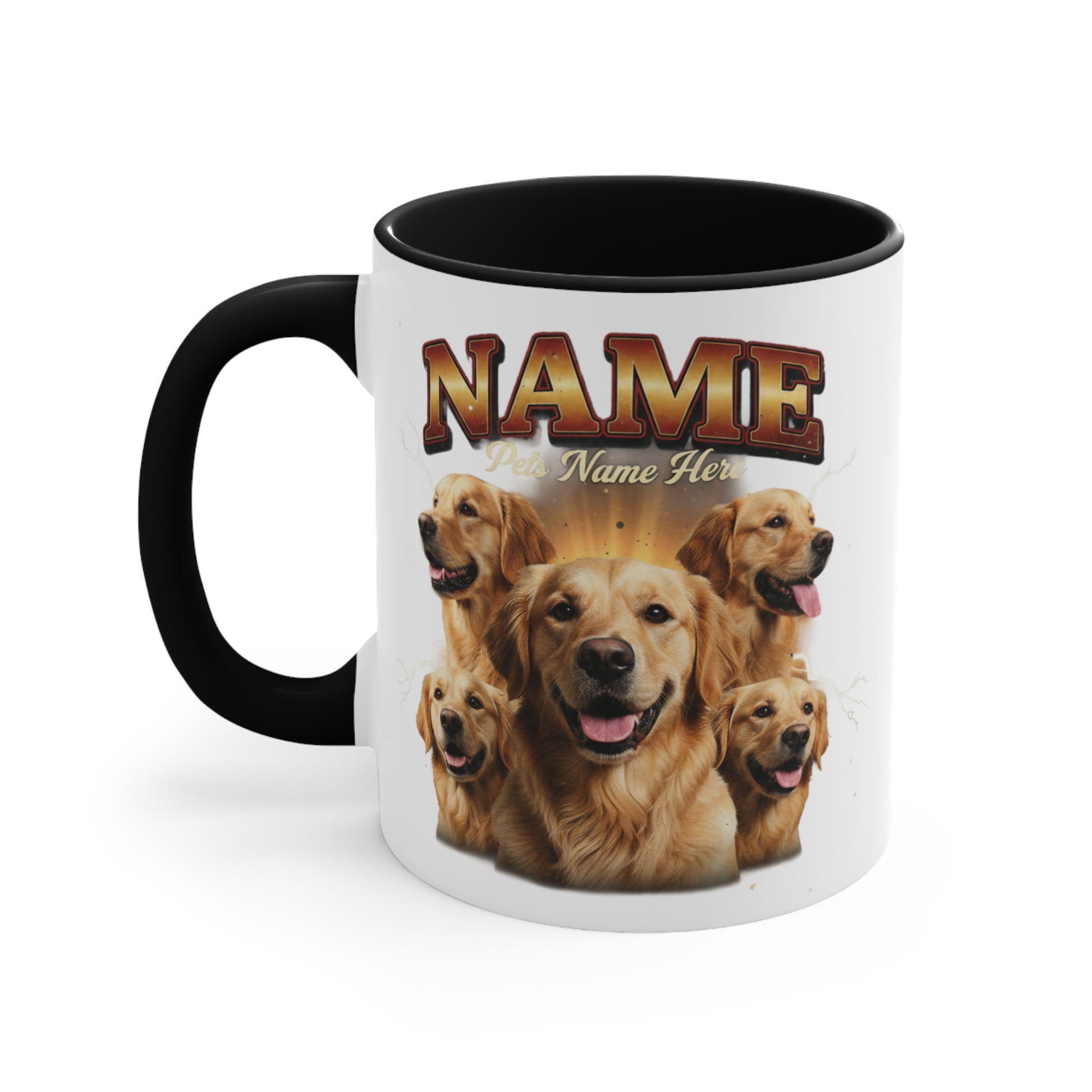 Mug with five golden retrievers and customizable "NAME" and "Pets Name Here" text.