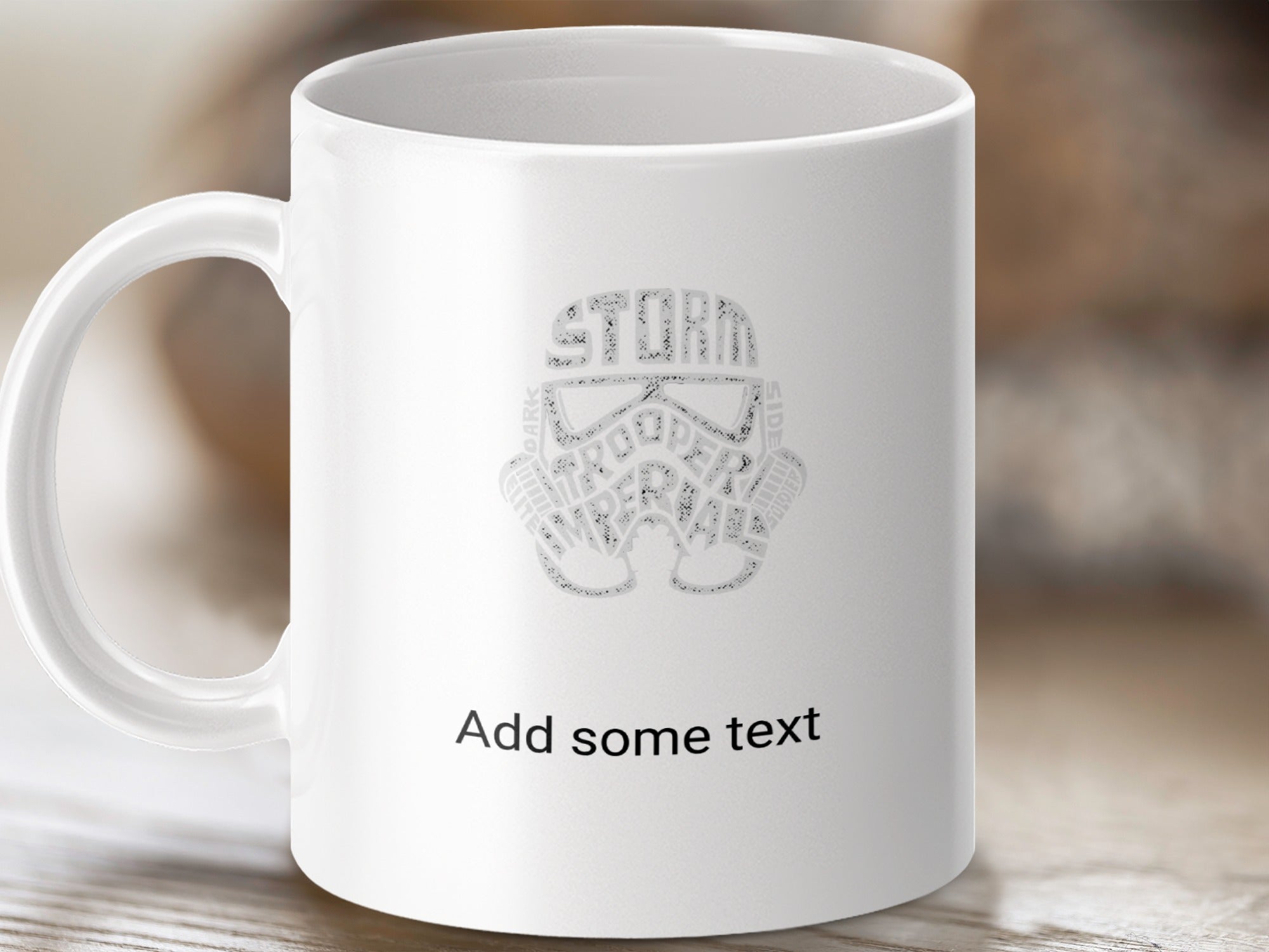 White mug with Stormtrooper helmet graphic and "Add some text" placeholder.