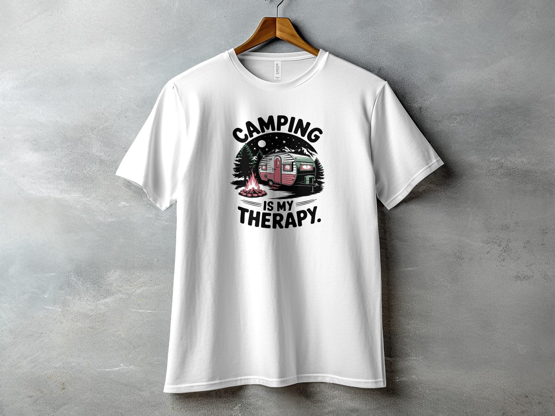 White t-shirt with "Camping Is My Therapy" graphic featuring a camper and campfire.