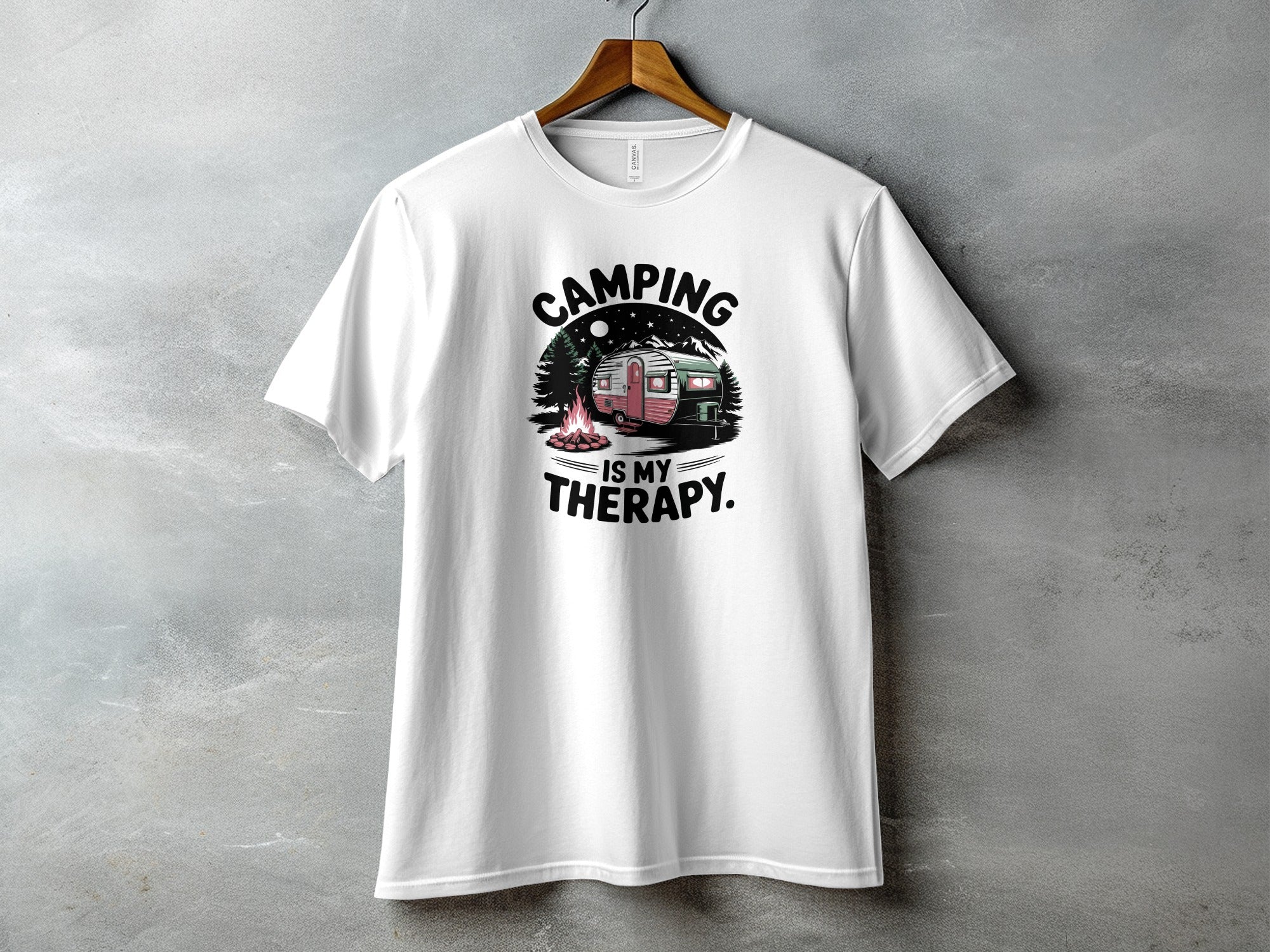 White t-shirt with "Camping Is My Therapy" graphic featuring a camper and campfire.