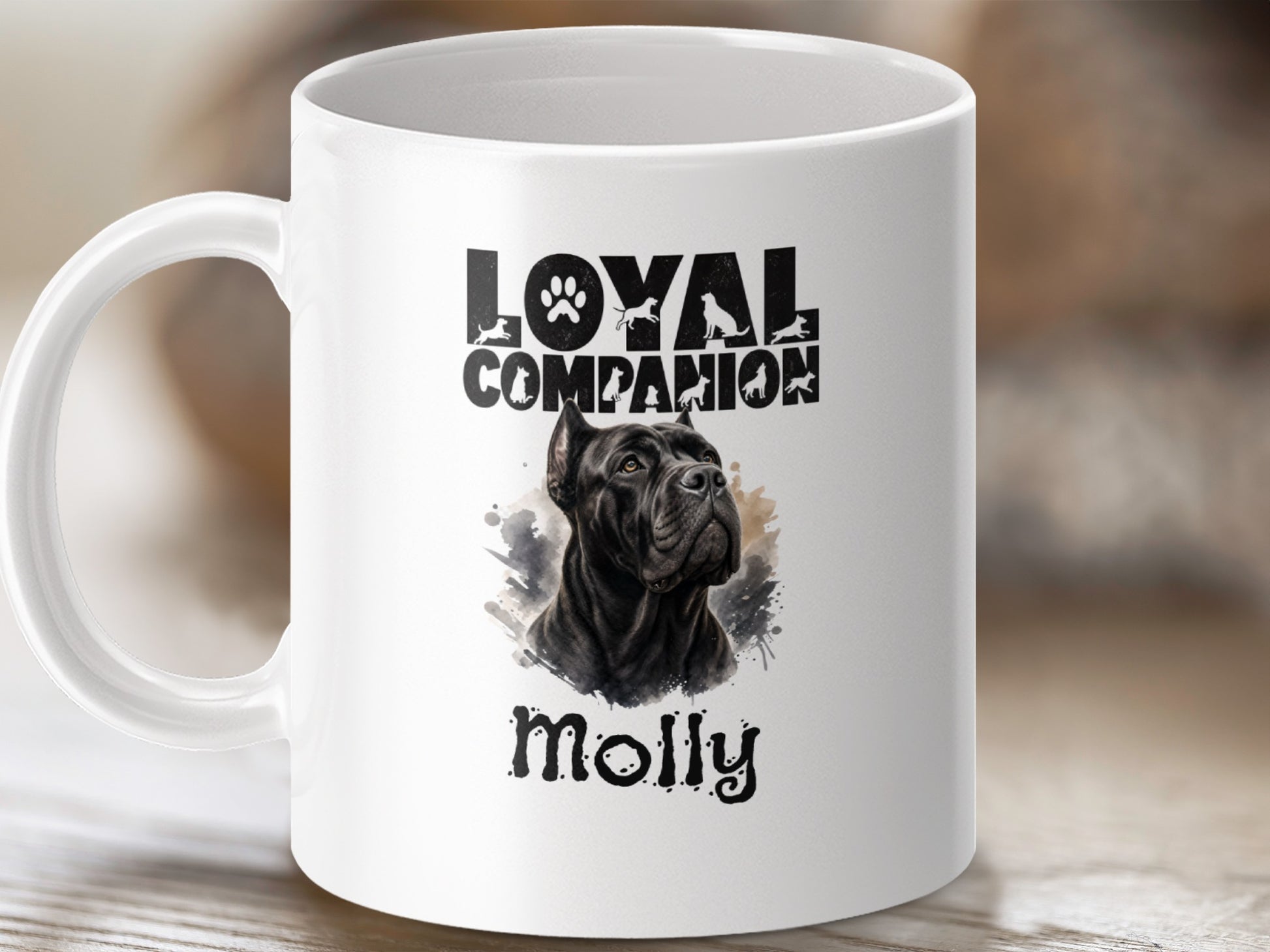 White mug with black Cane Corso portrait, "Loyal Companion" text, and "Molly" name.