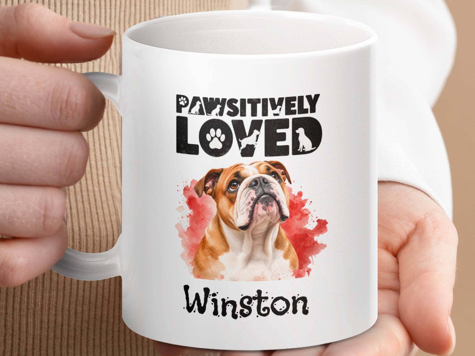 White mug with bulldog portrait, "PAWSITIVELY LOVED", and "Winston."