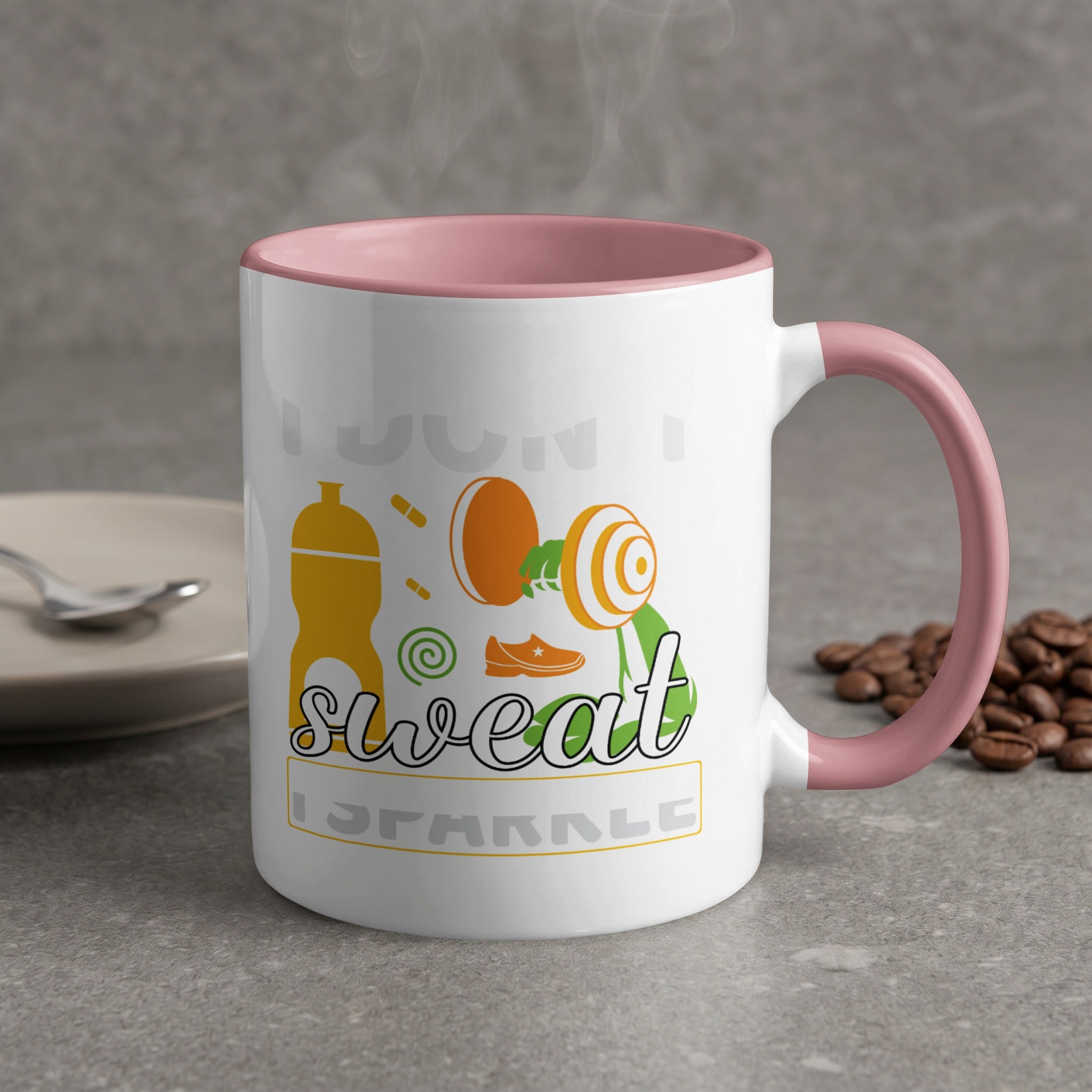 White mug with pink handle, "Don't Sweat, Sparkle" text, and fitness graphics.