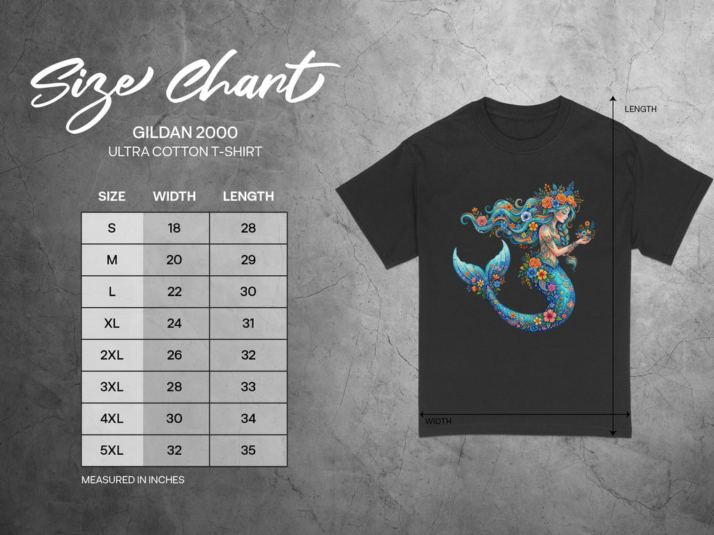 Gildan 2000 Ultra Cotton T-shirt size chart with width and length measurements in inches.
