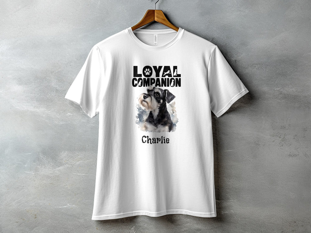 White t-shirt with "Loyal Companion" text above a schnauzer portrait named Charlie.