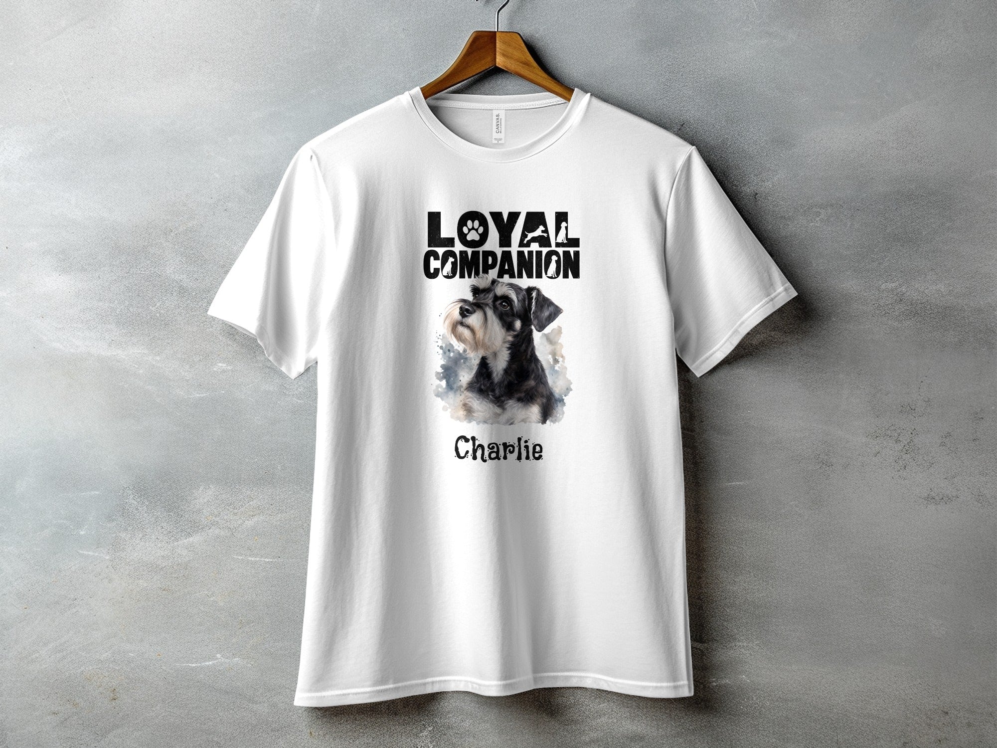 White t-shirt with "Loyal Companion" text above a schnauzer portrait named Charlie.