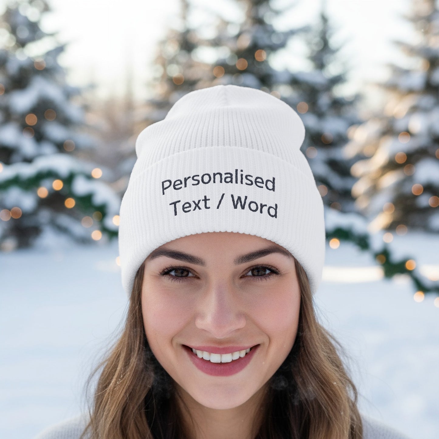 White beanie with "Personalised Text / Word" embroidered on the front.