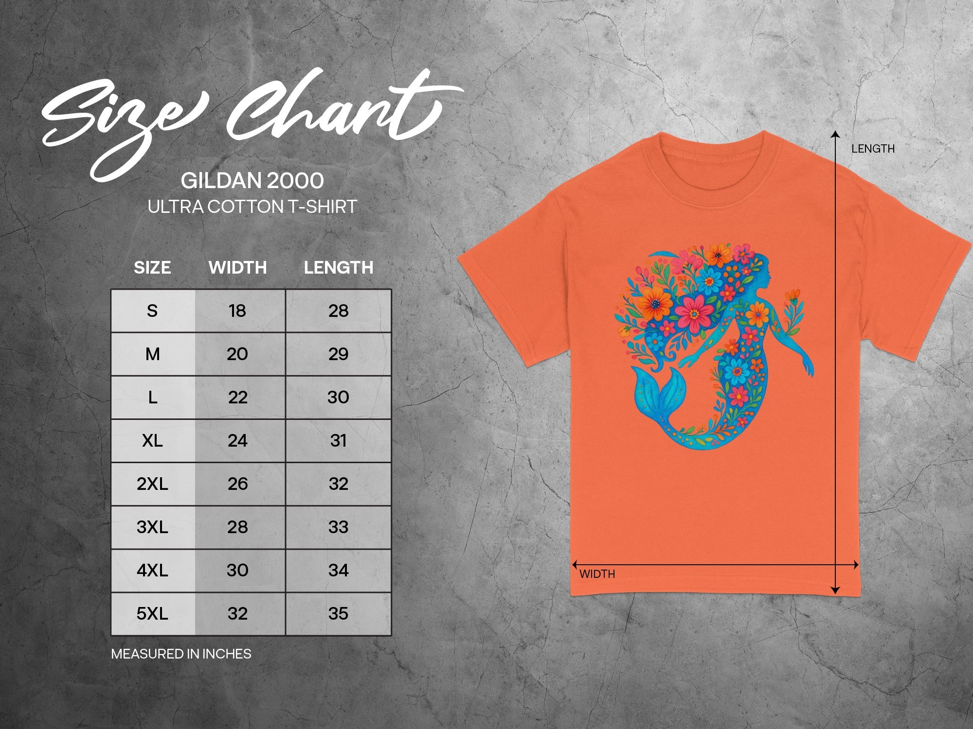 Gildan 2000 Ultra Cotton T-Shirt size chart showing measurements in inches.