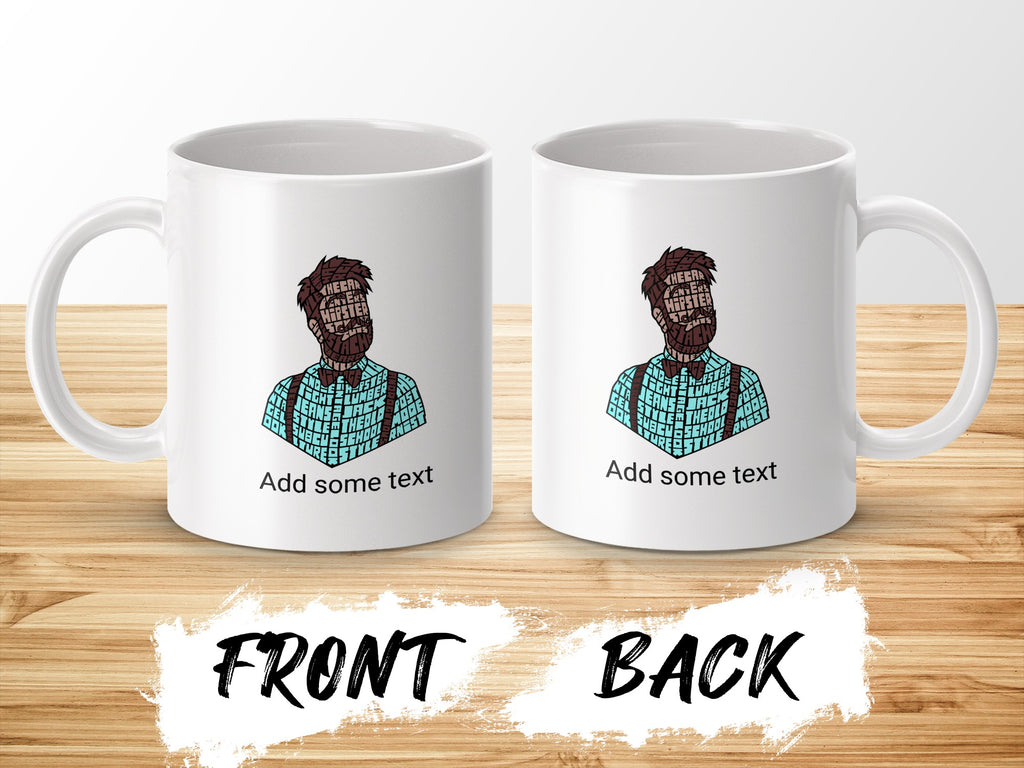 White mug with a hipster illustration and text, showing front and back.