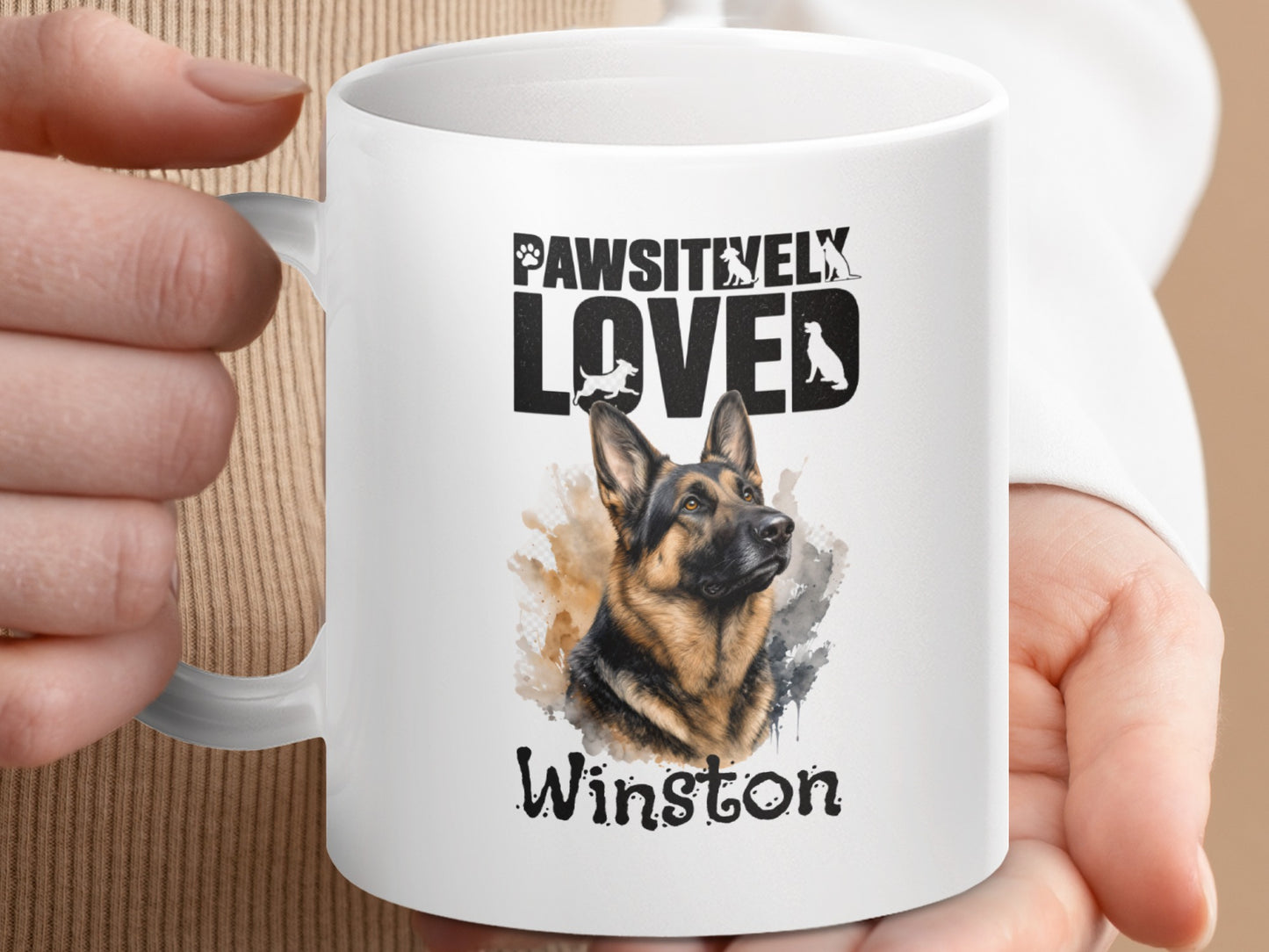 Mug with German Shepherd art and "PAWSITIVELY LOVED Winston" text.