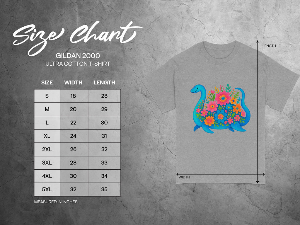 Size chart for Gildan 2000 Ultra Cotton T-shirt with measurements in inches.