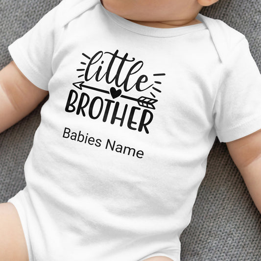 White baby onesie with "Little Brother" text and space for baby's name.
