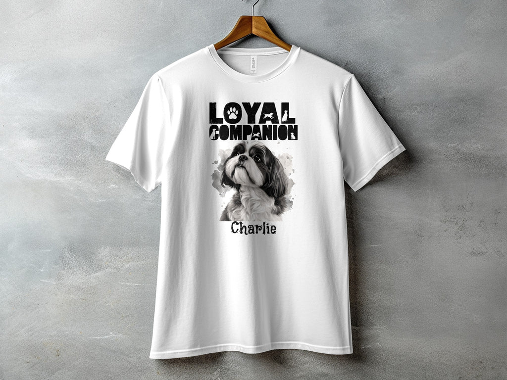 White t-shirt with black text "Loyal Companion" and a Shih Tzu portrait named Charlie.