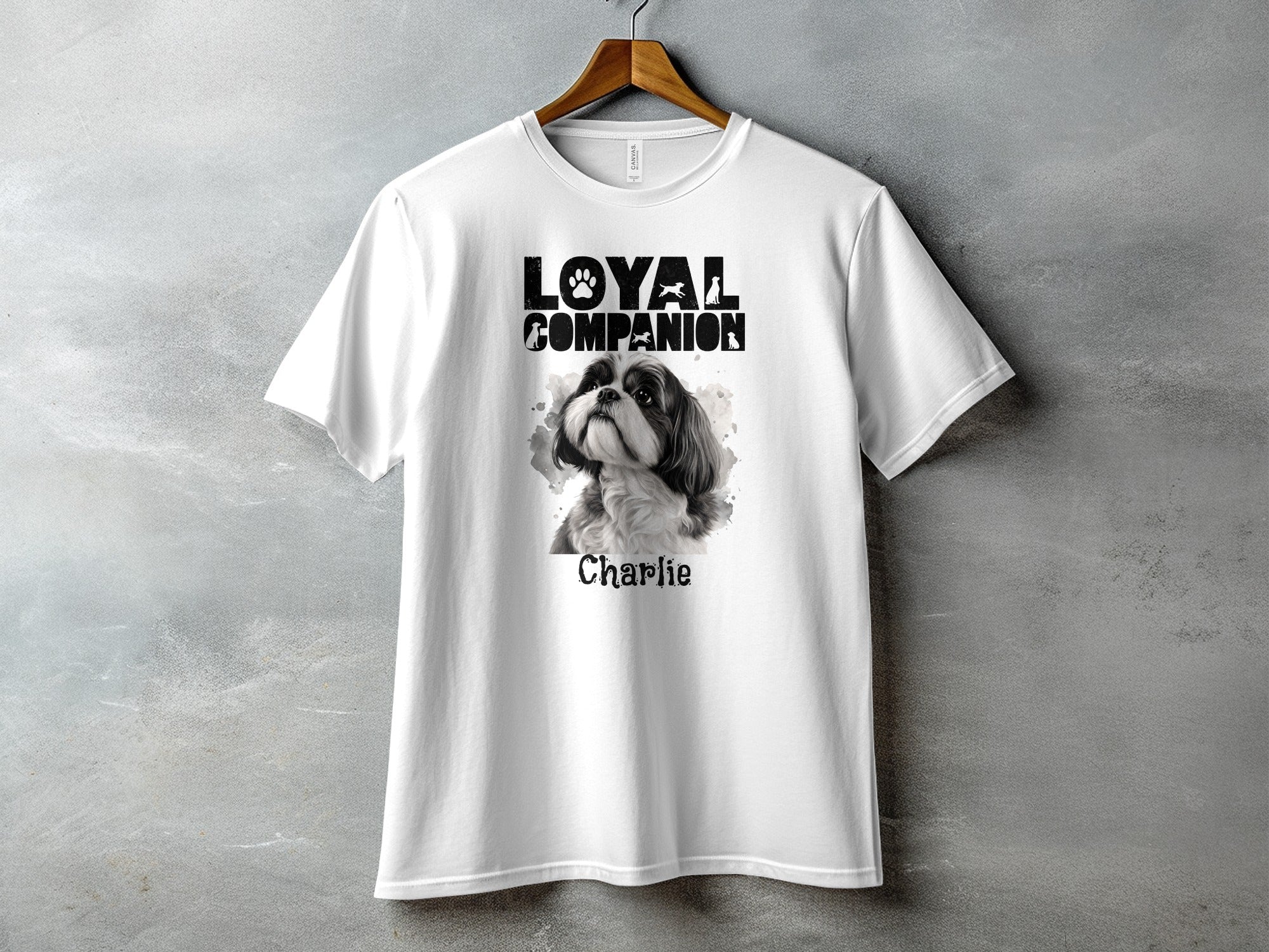 White t-shirt with black text "Loyal Companion" and a Shih Tzu portrait named Charlie.