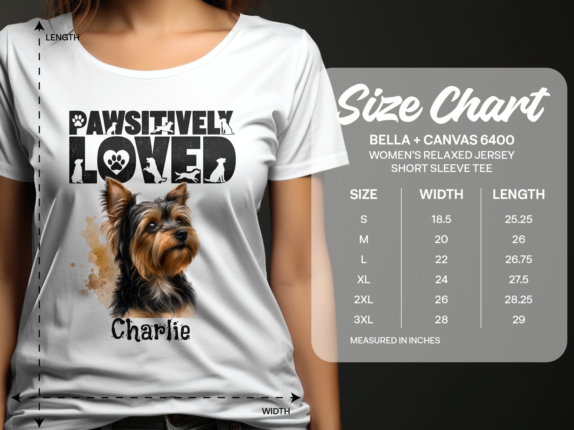 T-shirt design with a Yorkie dog and "Pawsitively Loved" text, plus a size chart.