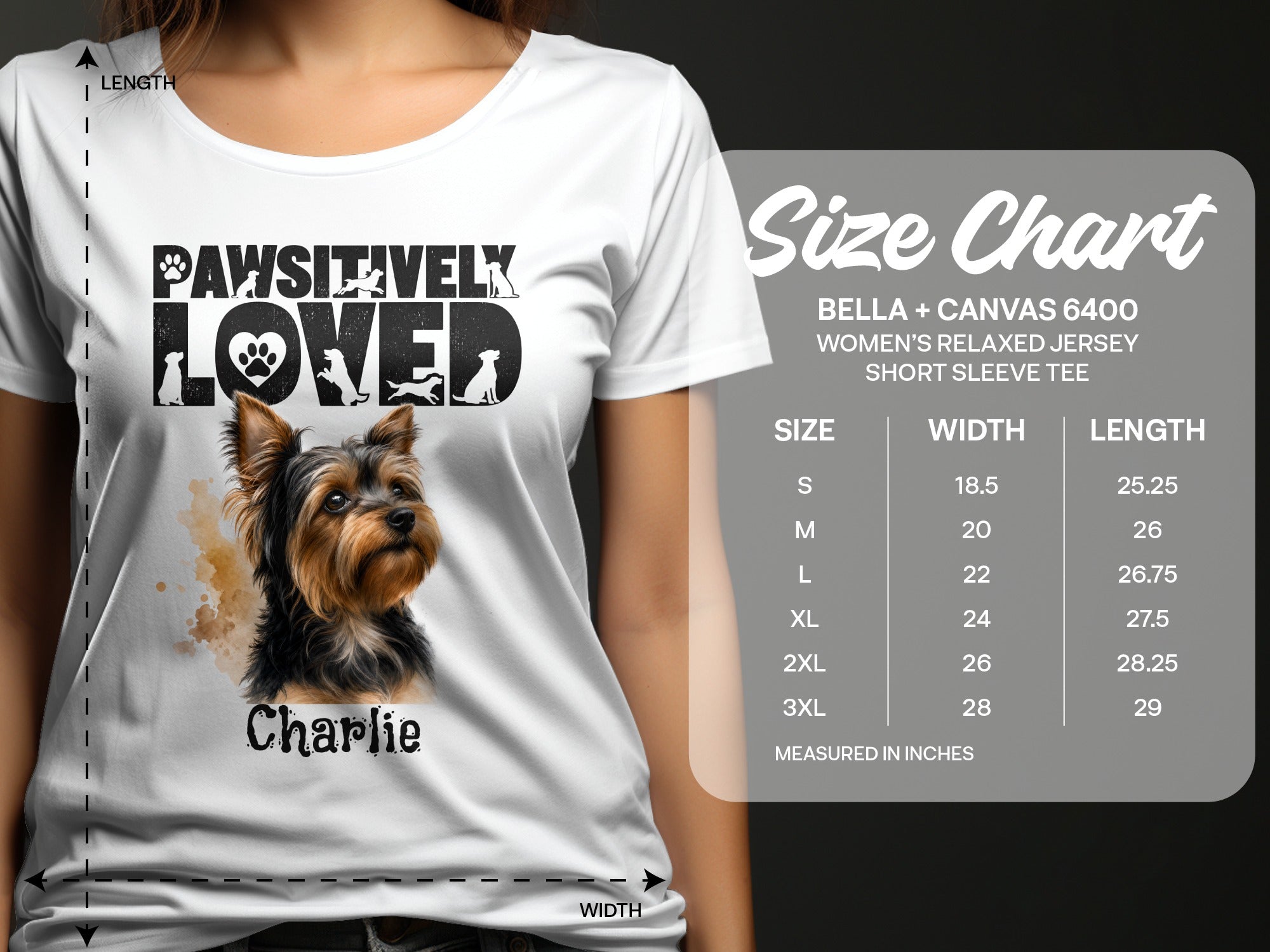 T-shirt design with a Yorkie dog and "Pawsitively Loved" text, plus a size chart.