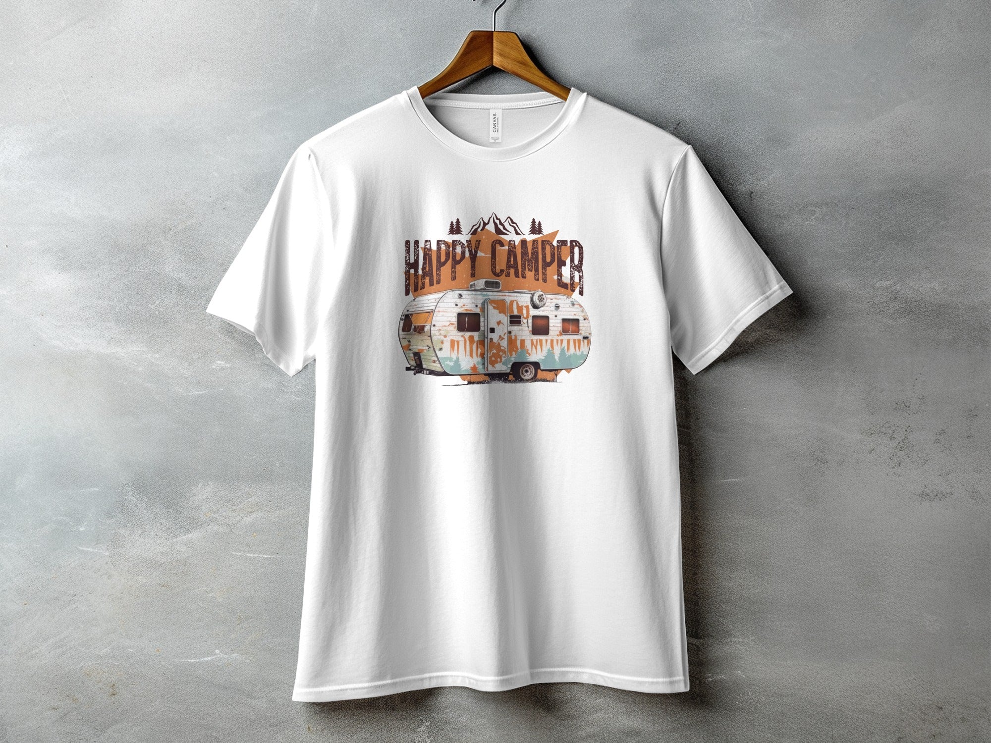 White t-shirt with vintage camper and "Happy Camper" text graphic.