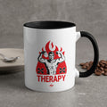 Mug with bodybuilding imagery and "THERAPY" text.