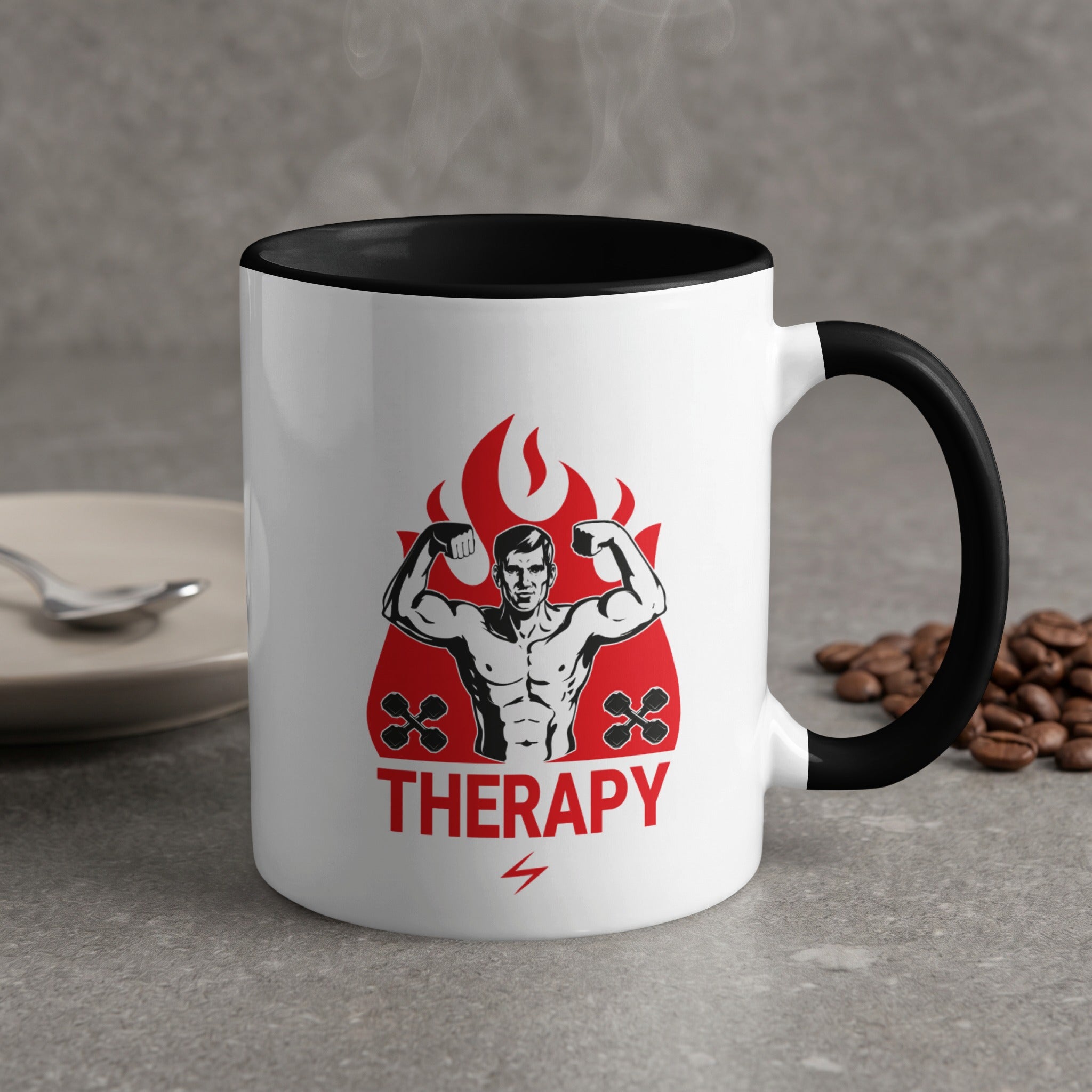 Mug with bodybuilding imagery and "THERAPY" text.