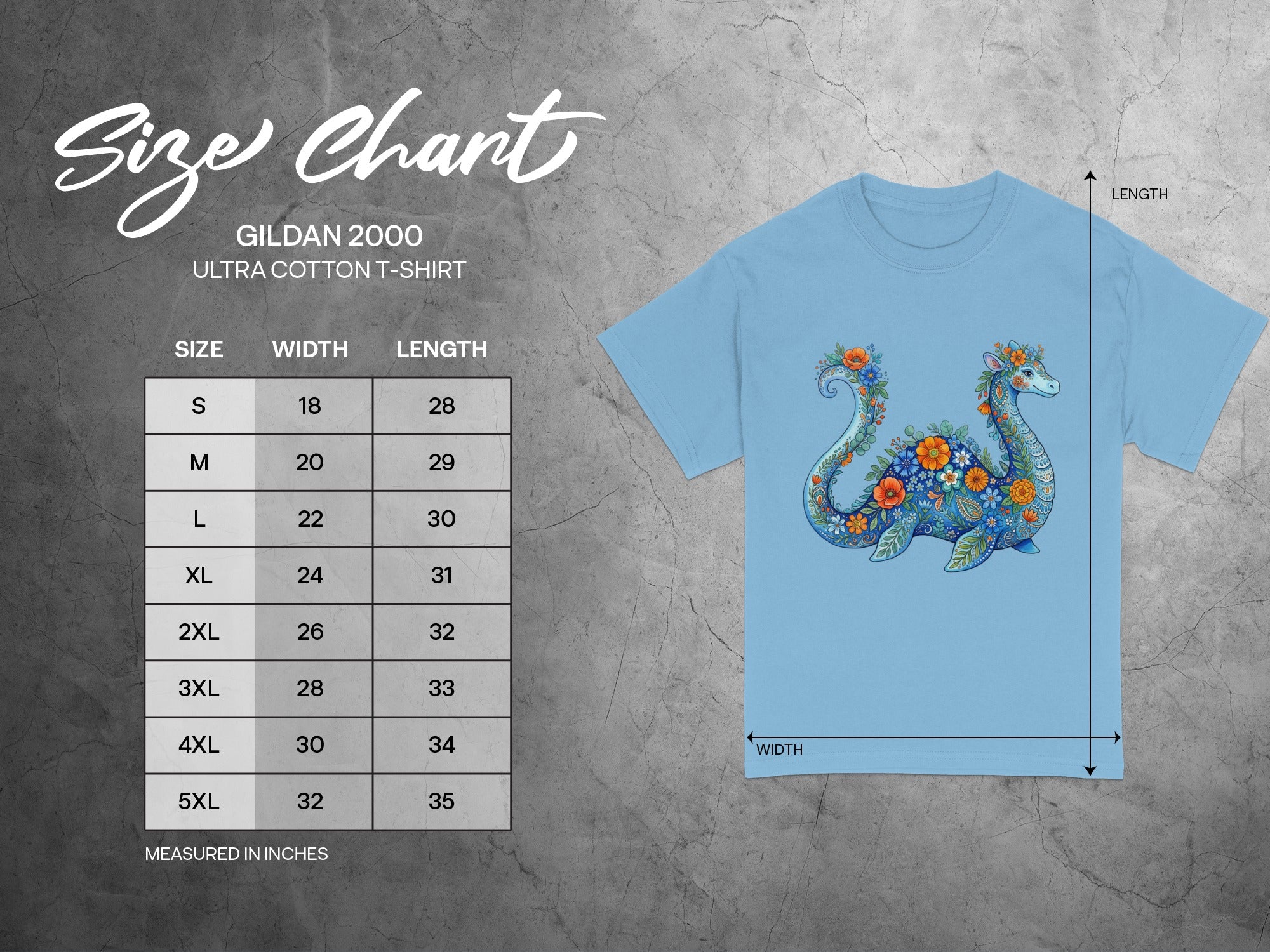 Gildan 2000 t-shirt size chart with width and length measurements in inches.